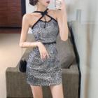 Spaghetti-strap Sequin Leopard Print Mini Sheath Dress