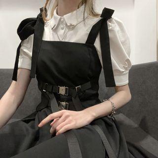 Short-sleeve Blouse / Spaghetti Strap Plain Midi Dress