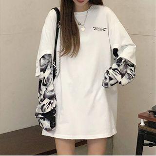 Long-sleeve Mock Two-piece Print Panel T-shirt