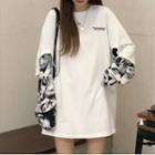 Long-sleeve Mock Two-piece Print Panel T-shirt