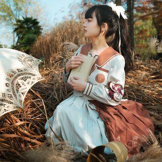 Puff-sleeve Pleated Panel Midi A-line Dress