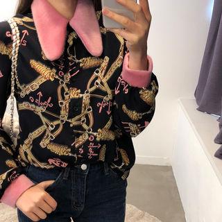 Faux-fur Detail Pattern Blouse Black - One Size