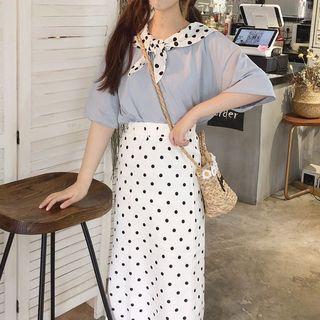 Bow Neck Short-sleeve T-shirt / Dotted Midi Skirt