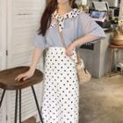 Bow Neck Short-sleeve T-shirt / Dotted Midi Skirt