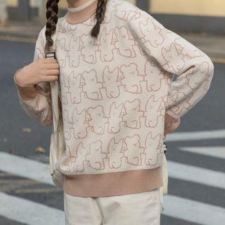 Semi Turtle-neck Bear Printed Knitted Sweater