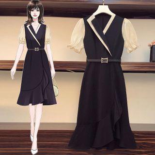Balloon-sleeve Belted Ruffled Sheath Dress