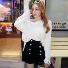 Distressed Long-sleeve Knit Top / Buttoned Shorts / Set