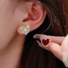 Rhinestone Heart Ear Stud 1 Pair - Silver Needle - Non-matching - Wine Red - One Size