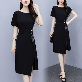 Short-sleeve Irregular Fringed Midi A-line Dress