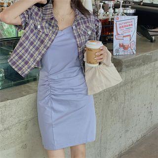 Plaid Puff-sleeve Crop Jacket / Spaghetti-strap Shirred Mini Dress