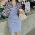 Plaid Puff-sleeve Crop Jacket / Spaghetti-strap Shirred Mini Dress