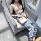 Plain Bow Accent Short Sleeve T-shirt / High Waist Harem Pants