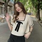 Short-sleeve Bow Neck Top Almond - One Size
