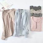 Long-sleeve Buttoned Placket Striped T-shirt