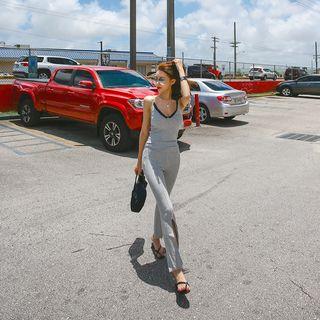Set: Laced Plunge-neck Camisole Top + Slit Boot-cut Pants