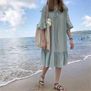 Striped Elbow-sleeve Collar Dress