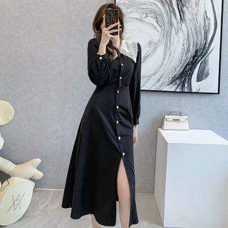 Long-sleeve Lace Collared Button-up A-line Dress