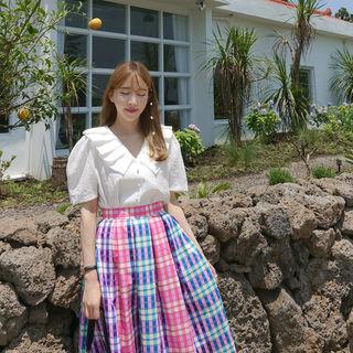 Pleated-collar Puff-sleeve Blouse Ivory - One Size