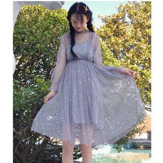 Set: Long-sleeve A-line Embroidered Mesh Dress+ Slipdress