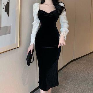 Lantern Sleeve Sweetheart Two-tone Sheath Dress