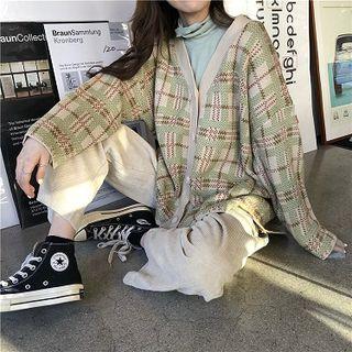 Plaid V-neck Cardigan As Shown In Figure - One Size