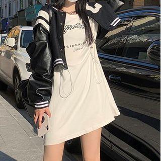 Long-sleeve Lettering T-shirt Dress White - One Size