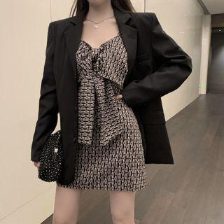 Patterned Strappy A-line Dress / Plain Blazer