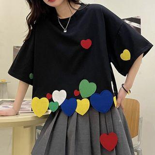Elbow-sleeve Heart Patch T-shirt