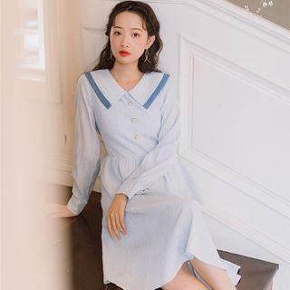 Gathered-waist Collared Long-sleeve Dress
