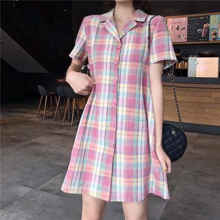 Short-sleeve Plaid Shirt Dress Plaid - Multicolour - One Size