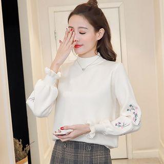 Set: Embroidered Mock Neck Sweater + Plaid Double-breasted Mini Skirt