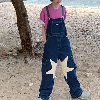 Star Print Wide Leg Denim Dungaree