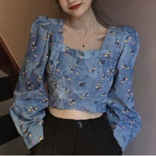 Floral Print Denim Cropped Blouse Denim Blue - One Size