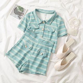 Striped Polo Top / Striped High-waist Shorts