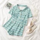 Striped Polo Top / Striped High-waist Shorts