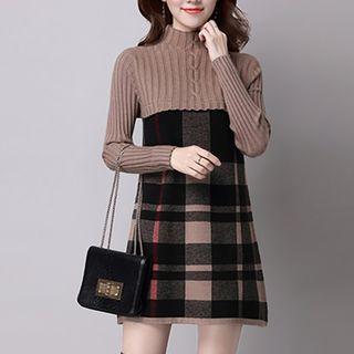 Long-sleeve Plaid Panel Mini A-line Knit Dress
