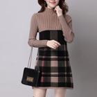 Long-sleeve Plaid Panel Mini A-line Knit Dress