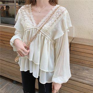 Long-sleeve Lace Paneled Ruffled Chiffon Blouse Almond - One Size