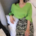 Set: 3/4-sleeve Letter T-shirt + Leopard Print Midi Pencil Skirt