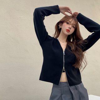 Plain Zip-up Cropped Cardigan