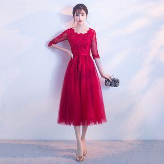 Crochet Trim Elbow Sleeve Midi Cocktail Dress / Evening Gown