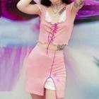 Set: Halter-neck Tie-front Tank Top+ Side Vent Skirt