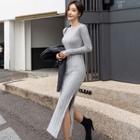 Long-sleeve Knit Sheath Dress Light Gray - One Size