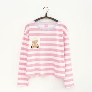 Bear Print Pocket Long-sleeve Striped T-shirt