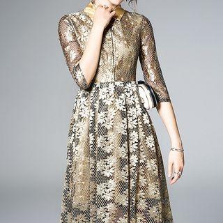 Lace Metallic 3/4 Sleeve Collared Dress