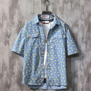 Flower Print Short-sleeve Denim Shirt