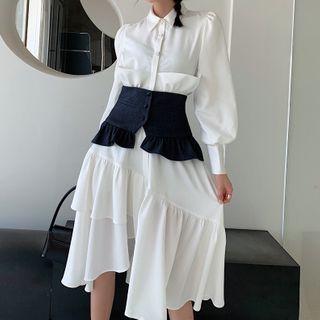 Set: Puff-sleeve Plain Midi Shirtdress + Peplum Belt