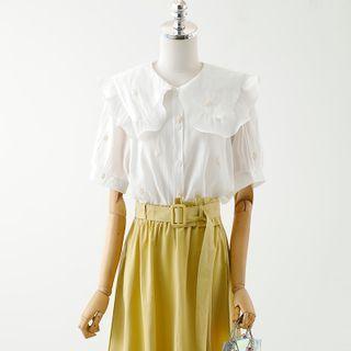 Short-sleeve Floral Embroidered Blouse / Midi A-line Skirt