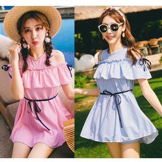 Set: Striped Cold Shoulder Swimdress + Swim Shorts