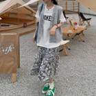 Short-sleeve Lettering T-shirt / Single-breasted Sweater Vest / Tie Dye Midi A-line Skirt